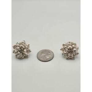 Vintage 14k Yellow Gold Pearl Cluster Earrings w/ Diamonds